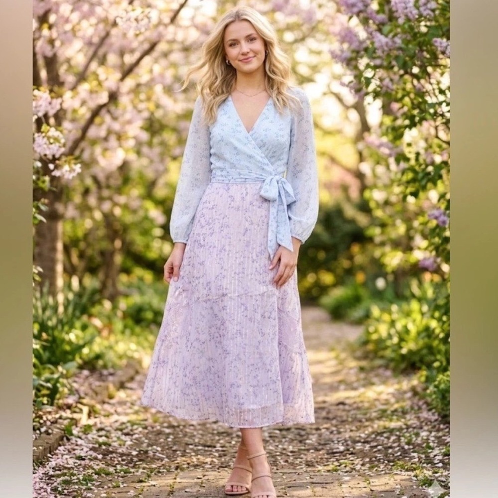 Ann Taylor Floral Wrap Midi Dress Blue Lavender Metallic Stripe‎ Long Sleeve 4